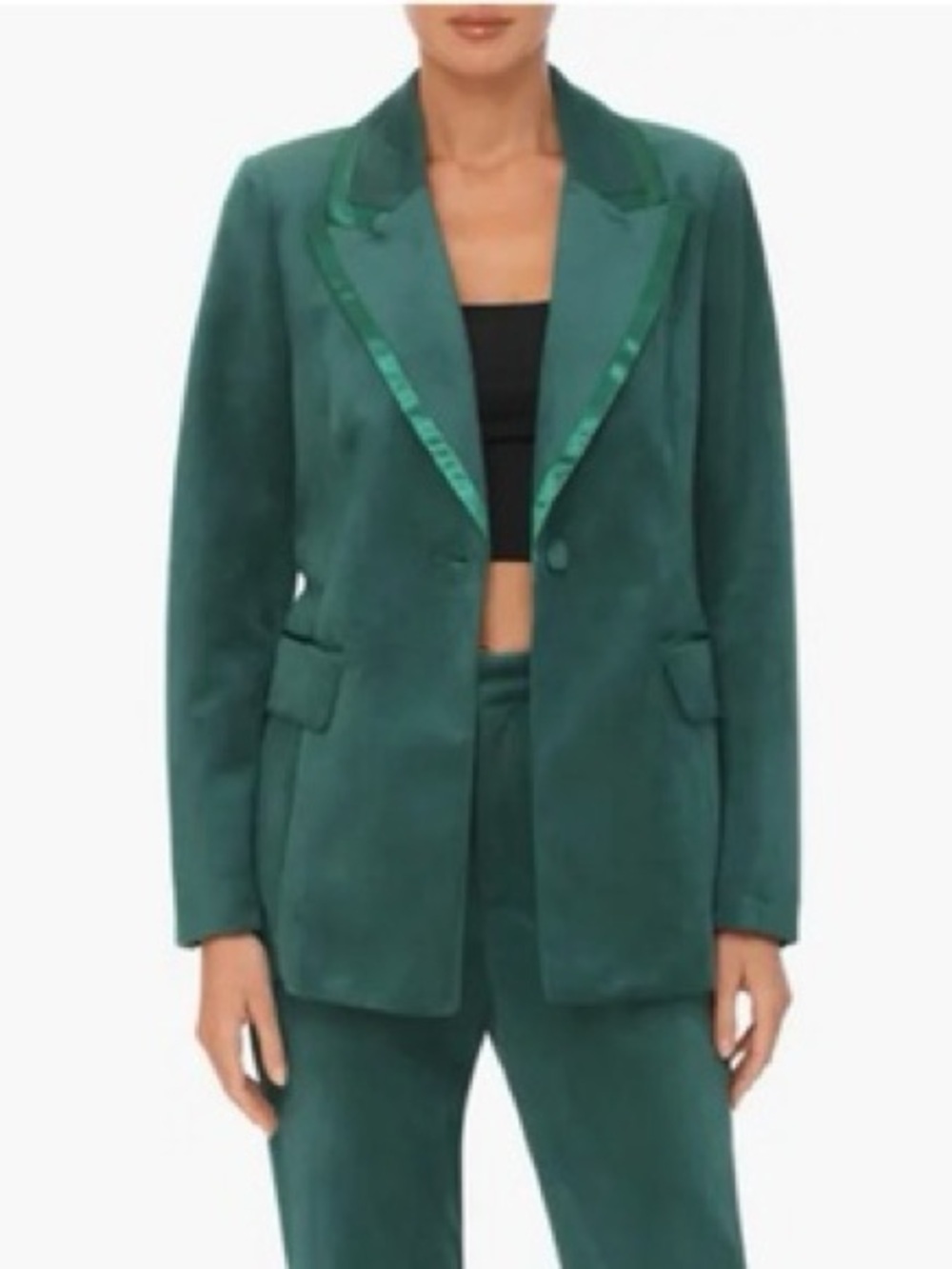 NWT Avec Les Filles Women’s Velvet Green Satin-Trim Blazer Jacket - Size Medium